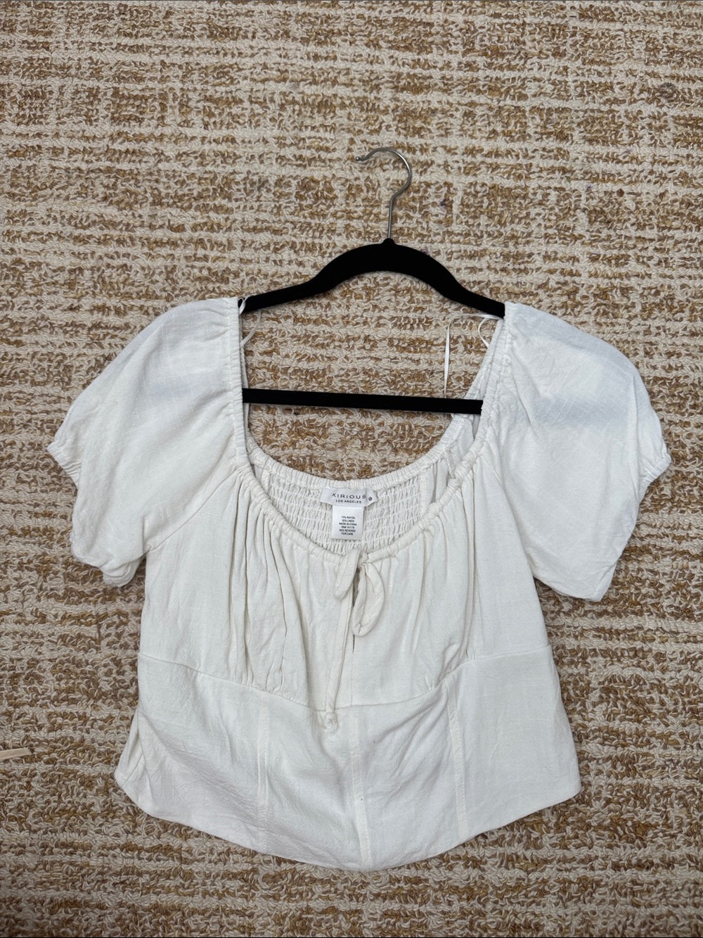 Kinross Cream Short-Sleeve Peasant Blouse with Tie Front